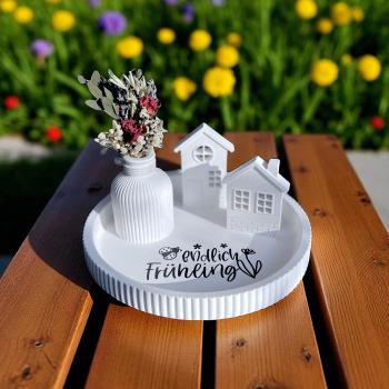 Preview: Dekoteller Endlich Frühling Set mit geriffelter Vase / Stabkerzenhalter rundes Tablett mit Rillen zwei Lichthäuser Strandhäuser - Artikel-Nr. 1100067